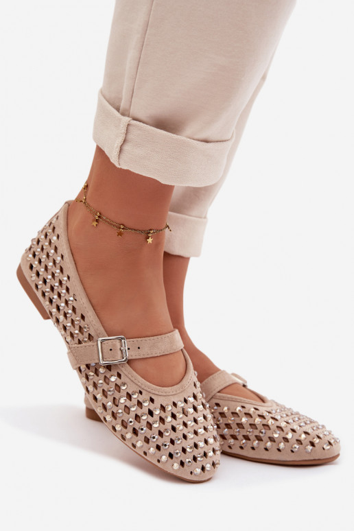 Baleriny Damskie AżurowewithCyrkoniami I Paskiem Beżowe Wilvessa