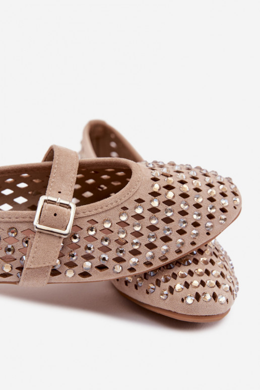 Baleriny Damskie AżurowewithCyrkoniami I Paskiem Beżowe Wilvessa