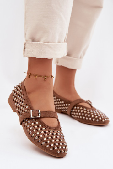 Women's Openwork Ballerinas With Rhinestones And Strap Brown Wilvessa