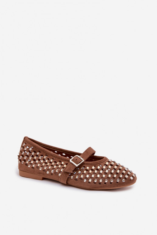 Women's Openwork Ballerinas With Rhinestones And Strap Brown Wilvessa