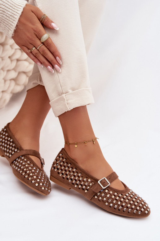 Baleriny Damskie AżurowewithCyrkoniami I Paskiem Brązowe Wilvessa