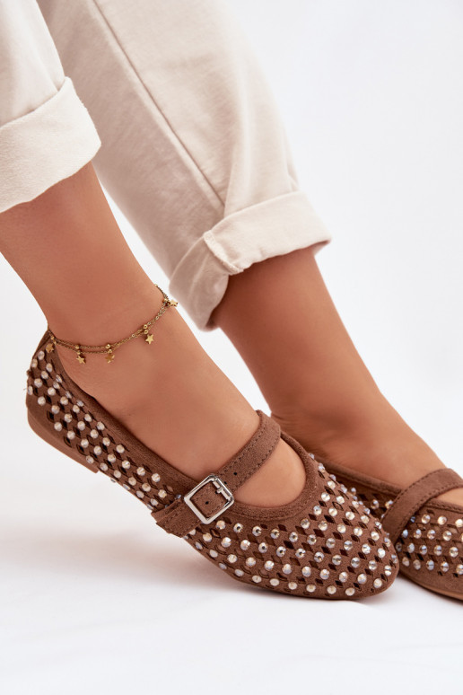 Baleriny Damskie AżurowewithCyrkoniami I Paskiem Brązowe Wilvessa