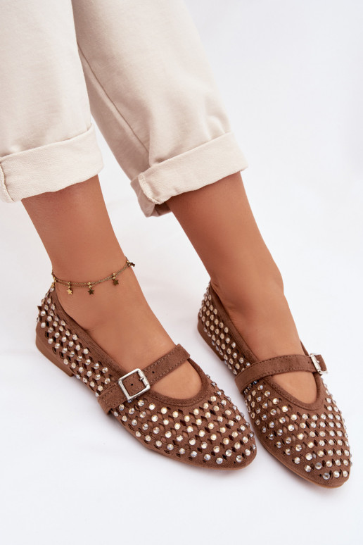 Baleriny Damskie AżurowewithCyrkoniami I Paskiem Brązowe Wilvessa