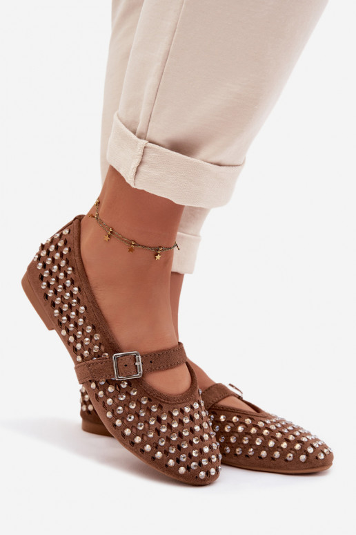 Baleriny Damskie AżurowewithCyrkoniami I Paskiem Brązowe Wilvessa