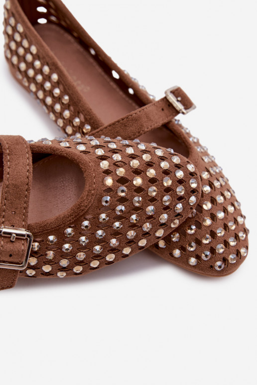 Baleriny Damskie AżurowewithCyrkoniami I Paskiem Brązowe Wilvessa