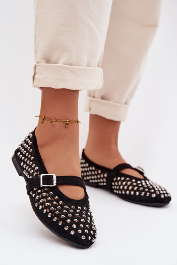 Women's Lace Ballerinas With Rhinestones And Strap Black Wilvessa