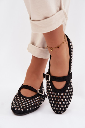 Women's Lace Ballerinas With Rhinestones And Strap Black Wilvessa 2