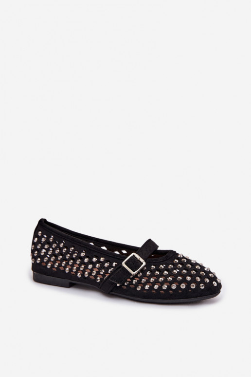 Women's Lace Ballerinas With Rhinestones And Strap Black Wilvessa