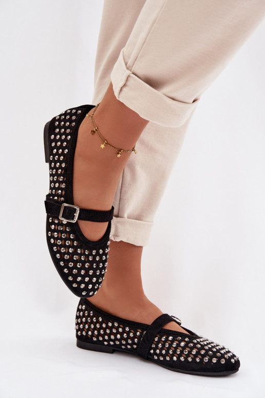 Women's Lace Ballerinas With Rhinestones And Strap Black Wilvessa