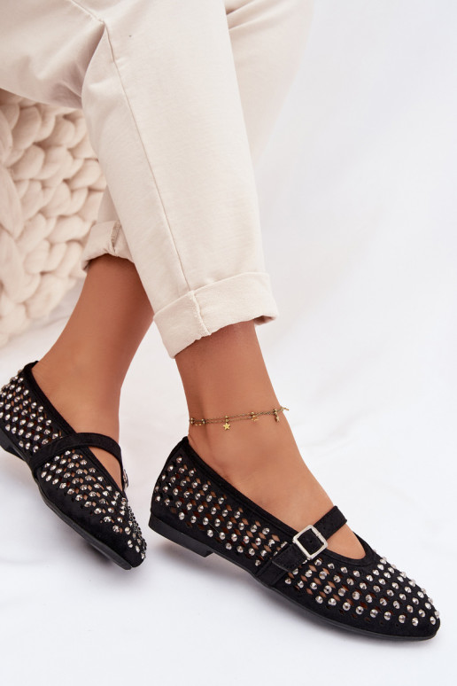 Women's Lace Ballerinas With Rhinestones And Strap Black Wilvessa