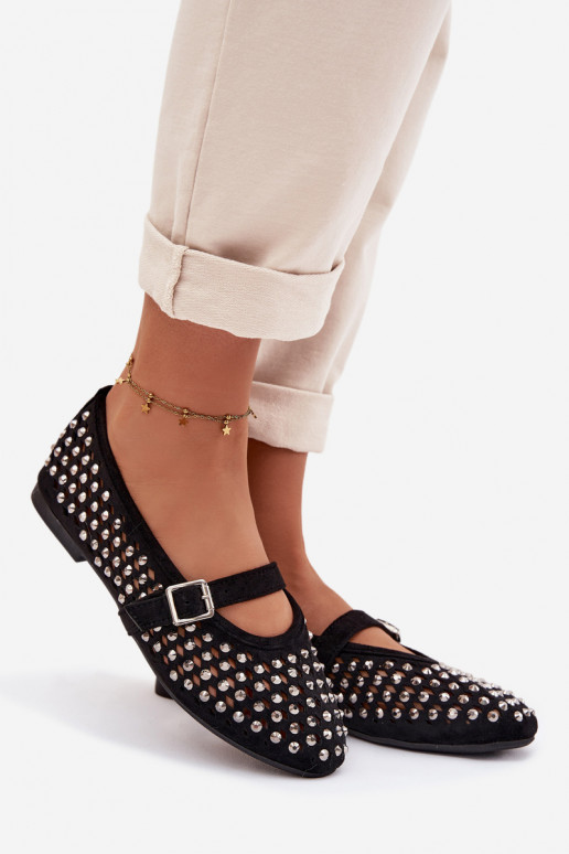 Women's Lace Ballerinas With Rhinestones And Strap Black Wilvessa