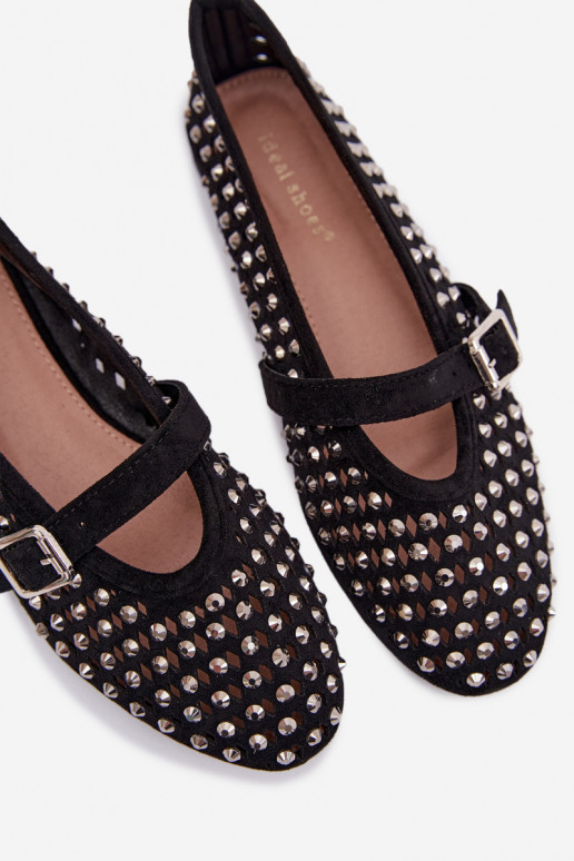 Women's Lace Ballerinas With Rhinestones And Strap Black Wilvessa