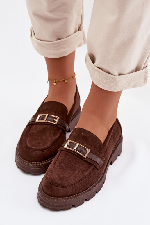 Women's Chocolate Moccasins With Gold Buckle Mirelva