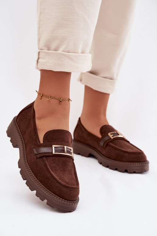 Women's Chocolate Moccasins With Gold Buckle Mirelva