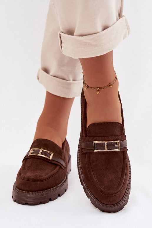 Women's Chocolate Moccasins With Gold Buckle Mirelva