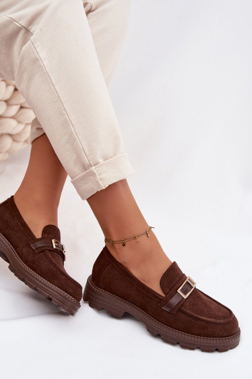 Women's Chocolate Moccasins With Gold Buckle Mirelva