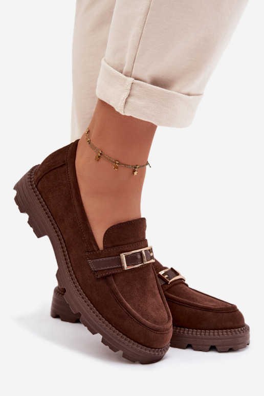 Mokasyny Damskie Ze Złotą Klamrą Czekoladowe Mirelva