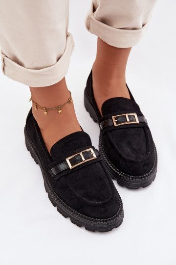 Women's Moccasins With Gold Buckle Black Mirelva