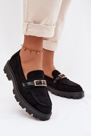 Women's Moccasins With Gold Buckle Black Mirelva 2