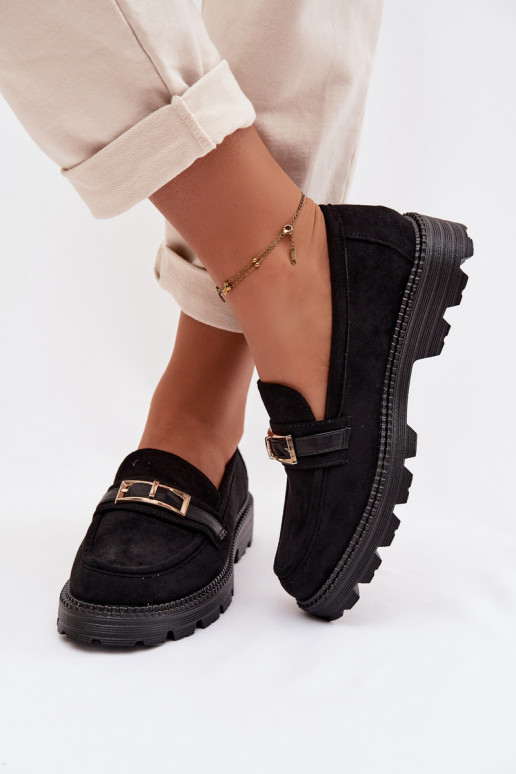 Women's Moccasins With Gold Buckle Black Mirelva