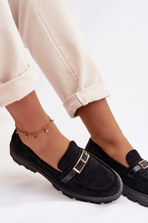 Women's Moccasins With Gold Buckle Black Mirelva
