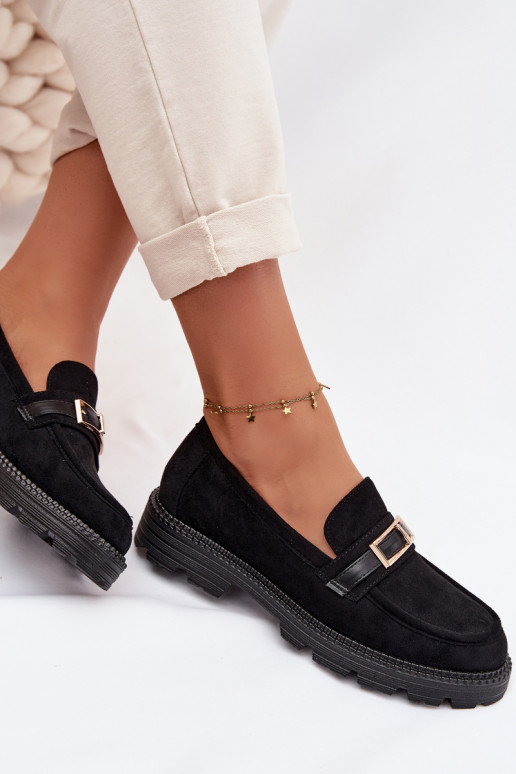 Mokasyny Damskie Ze Złotą Klamrą Czarne Mirelva