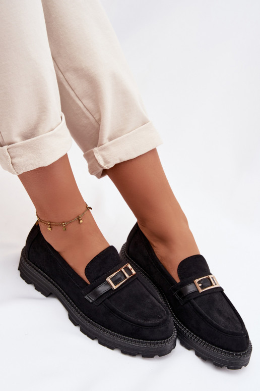 Women's Moccasins With Gold Buckle Black Mirelva