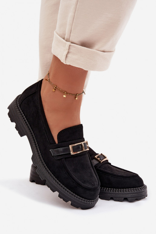 Women's Moccasins With Gold Buckle Black Mirelva