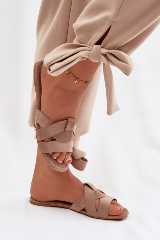 Women's Flat Dark Beige Slides With Straps Pavelle