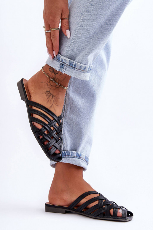 Skórzane Damskie KlapkiwithPaskami Czarne Doralia