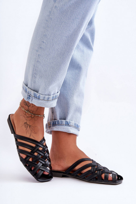 Skórzane Damskie KlapkiwithPaskami Czarne Doralia