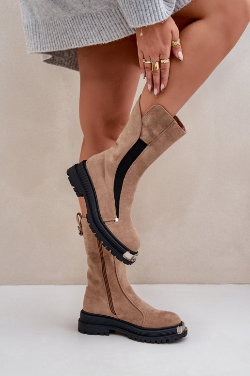 Fleece-Lined Flat Heel Boots Beige Palimra