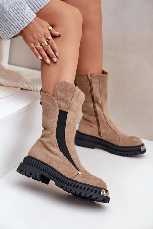 Fleece-Lined Flat Heel Boots Beige Palimra