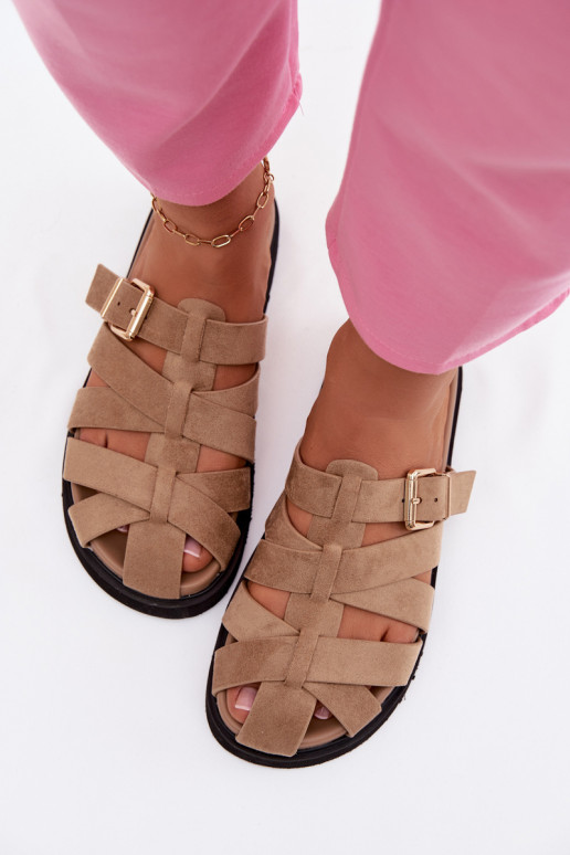 Women's Slides With Straps And Gold Buckle Dark Beige Roselisse