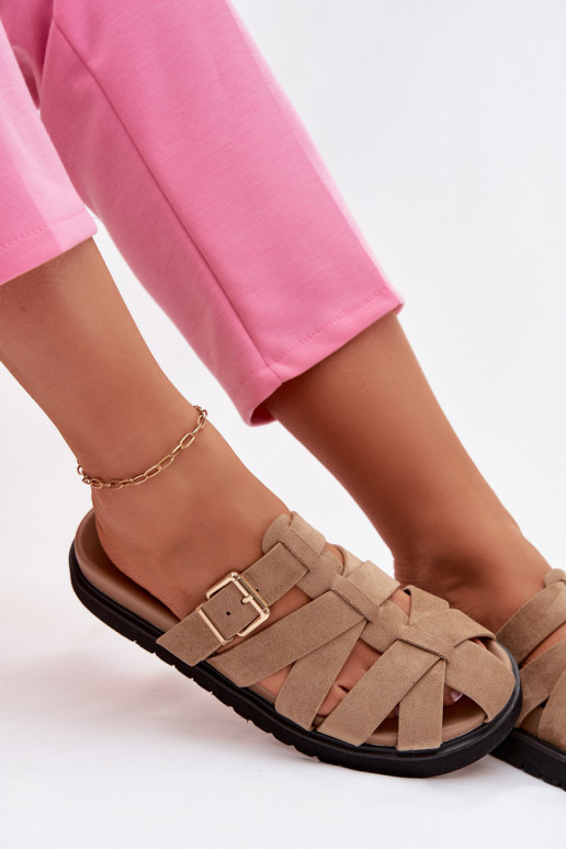 Women's Slides With Straps And Gold Buckle Dark Beige Roselisse
