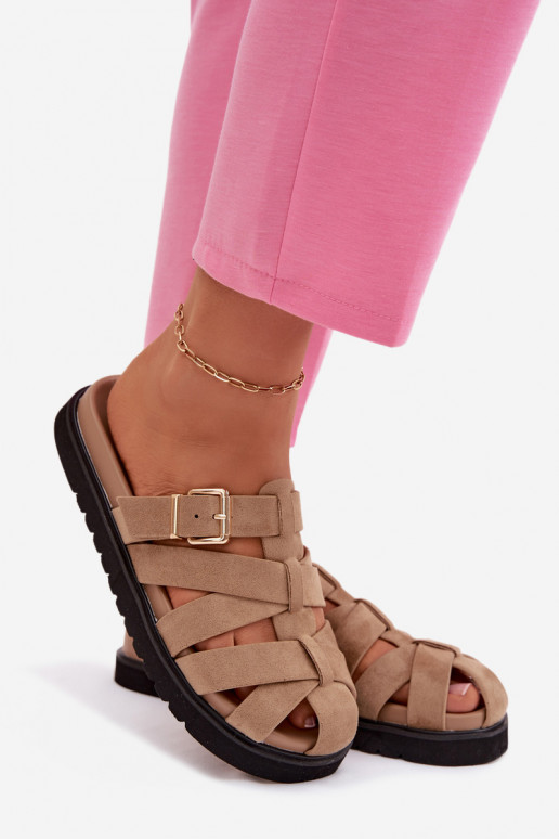Women's Slides With Straps And Gold Buckle Dark Beige Roselisse