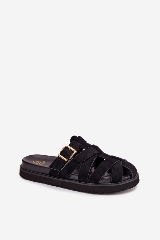 Women's Strappy Black Roselisse Slides with Gold Buckle