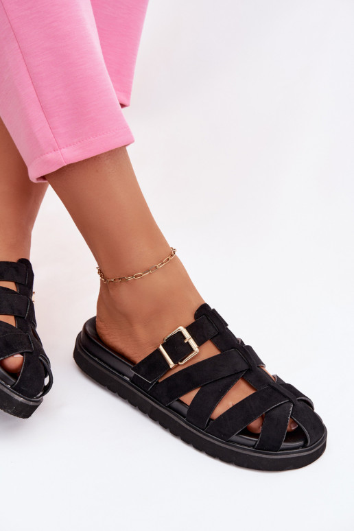 Women's Strappy Black Roselisse Slides with Gold Buckle