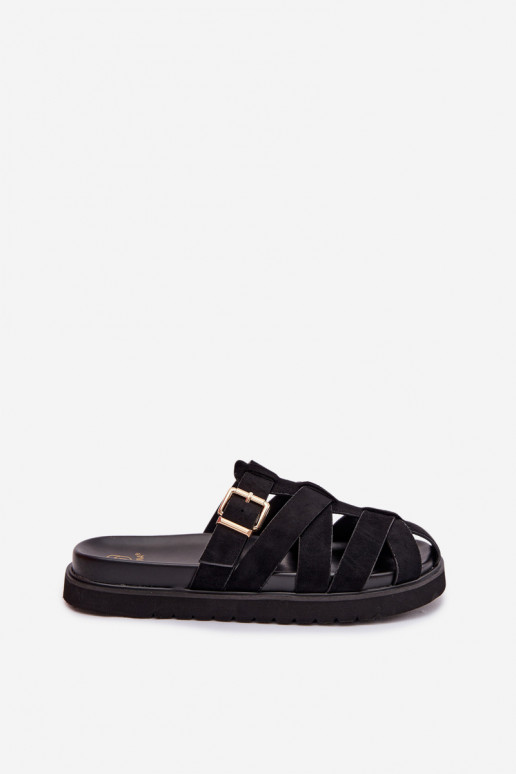 Women's Strappy Black Roselisse Slides with Gold Buckle