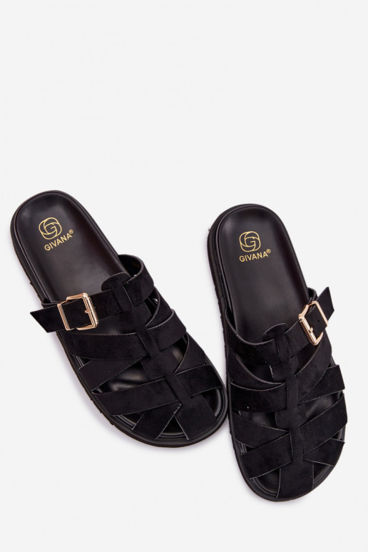 Women's Strappy Black Roselisse Slides with Gold Buckle