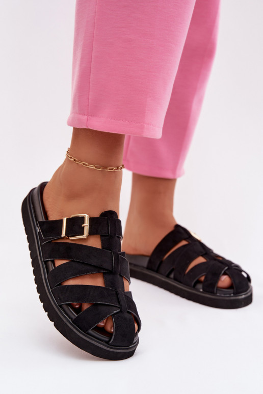 Women's Strappy Black Roselisse Slides with Gold Buckle