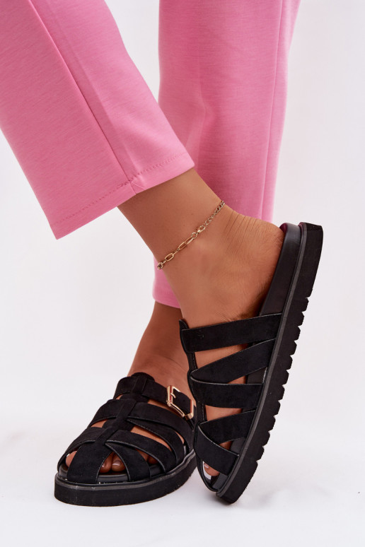 Women's Strappy Black Roselisse Slides with Gold Buckle