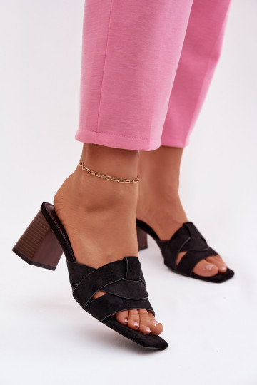 Women's Block Heel Sandals With Straps Eco Suede Black Corivelle