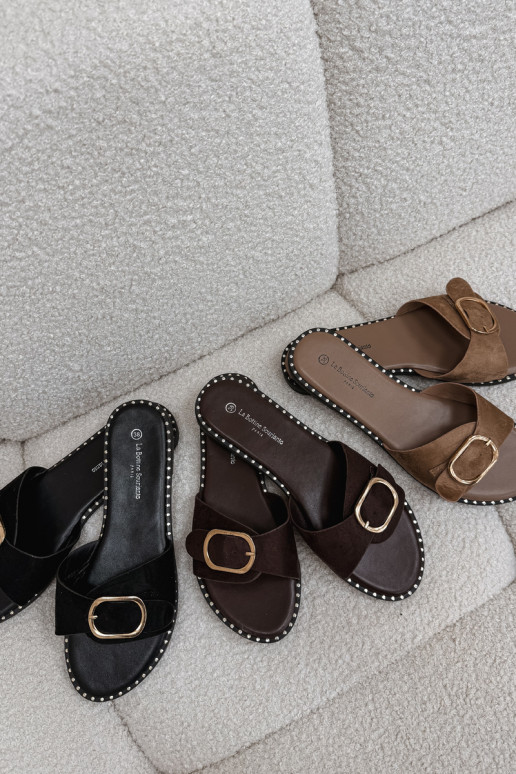 Women's Flat Heeled Shoes With Gold Buckle Black Selivelle