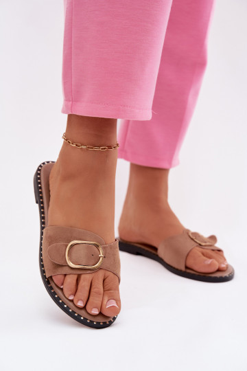 Women's Flat Heel Sandals With Gold Buckle Camel Selivelle