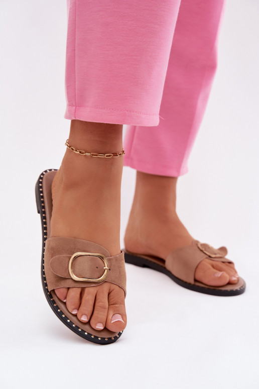 Women's Flat Heel Sandals With Gold Buckle Camel Selivelle