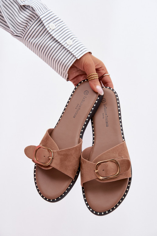 Women's Flat Heel Sandals With Gold Buckle Camel Selivelle