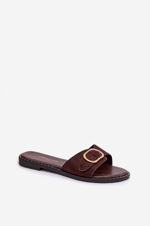 Klapki Damskie Na Płaskim Obcasie Ze Złotą Klamrą Czekoladowe Selivelle