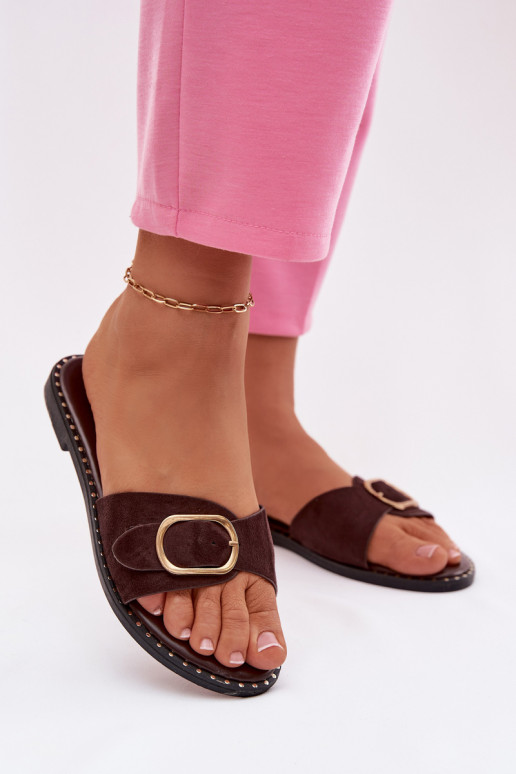 Women's Flat Heel Chocolate Slippers With Gold Buckle Selivelle