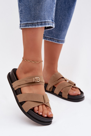 Women's Slides With Straps And Gold Buckle Dark Beige Selorina 2